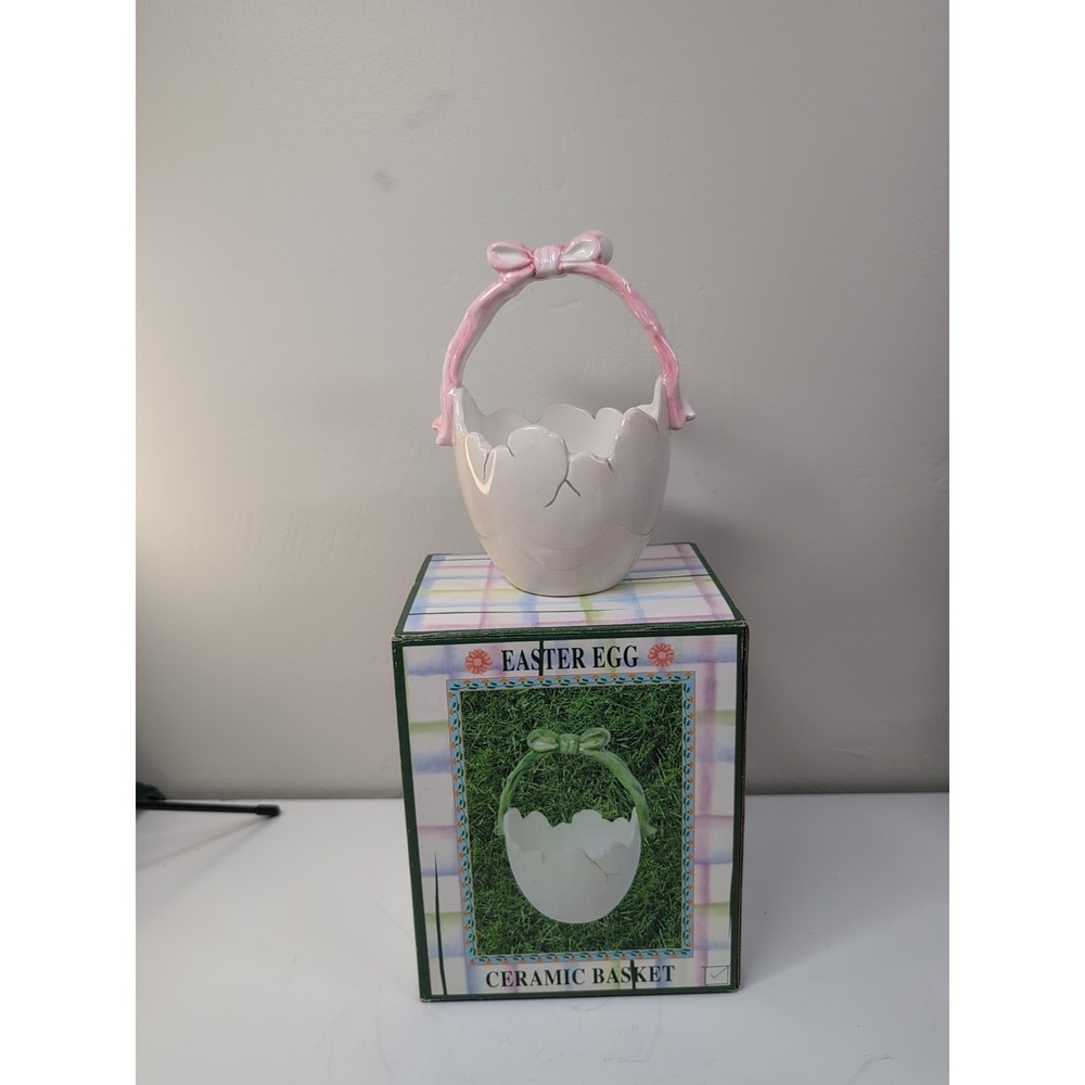 Ceramic Egg Basket, Easter, In‎ Original Box & Packaging, Pink Bow Vintage